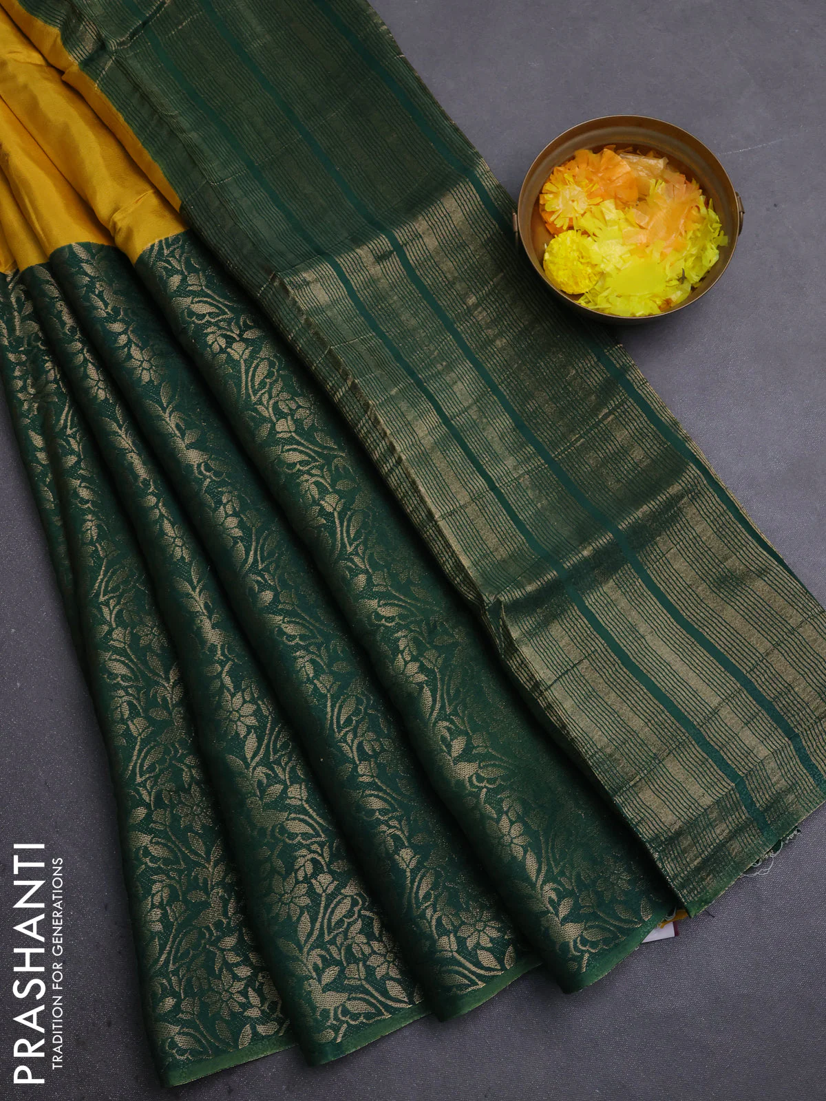 Semi mysore silk saree yellow and green with half & half style and long zari woven border