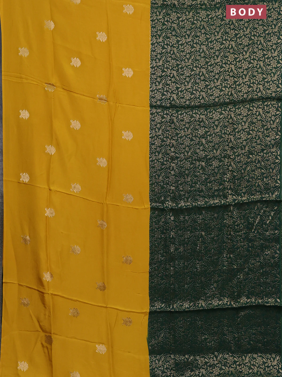 Semi mysore silk saree yellow and green with half & half style and long zari woven border - Image 2