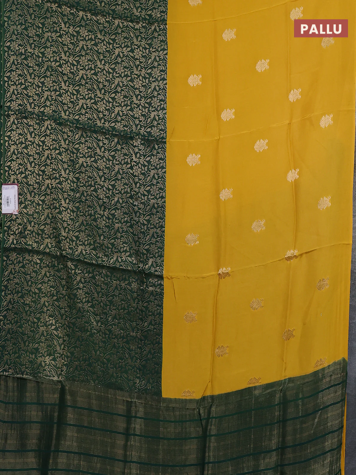 Semi mysore silk saree yellow and green with half & half style and long zari woven border - Image 3