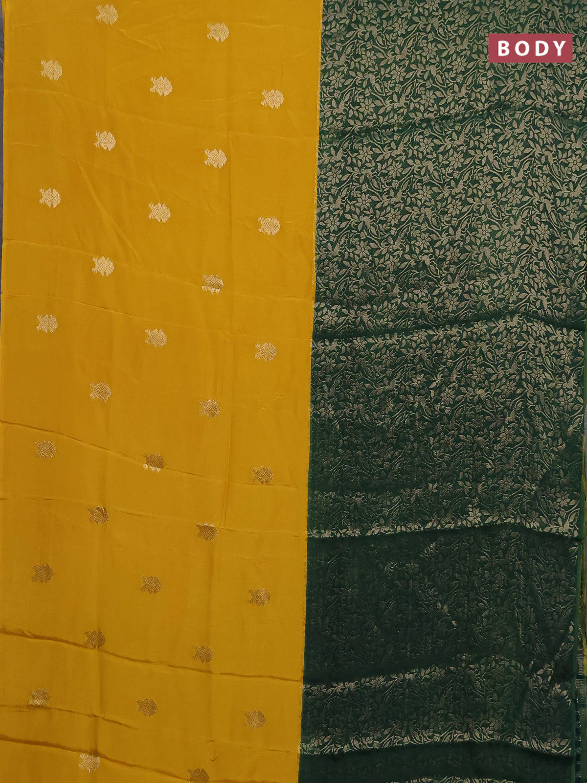 Semi mysore silk saree yellow and green with half & half style and long zari woven border - Image 2