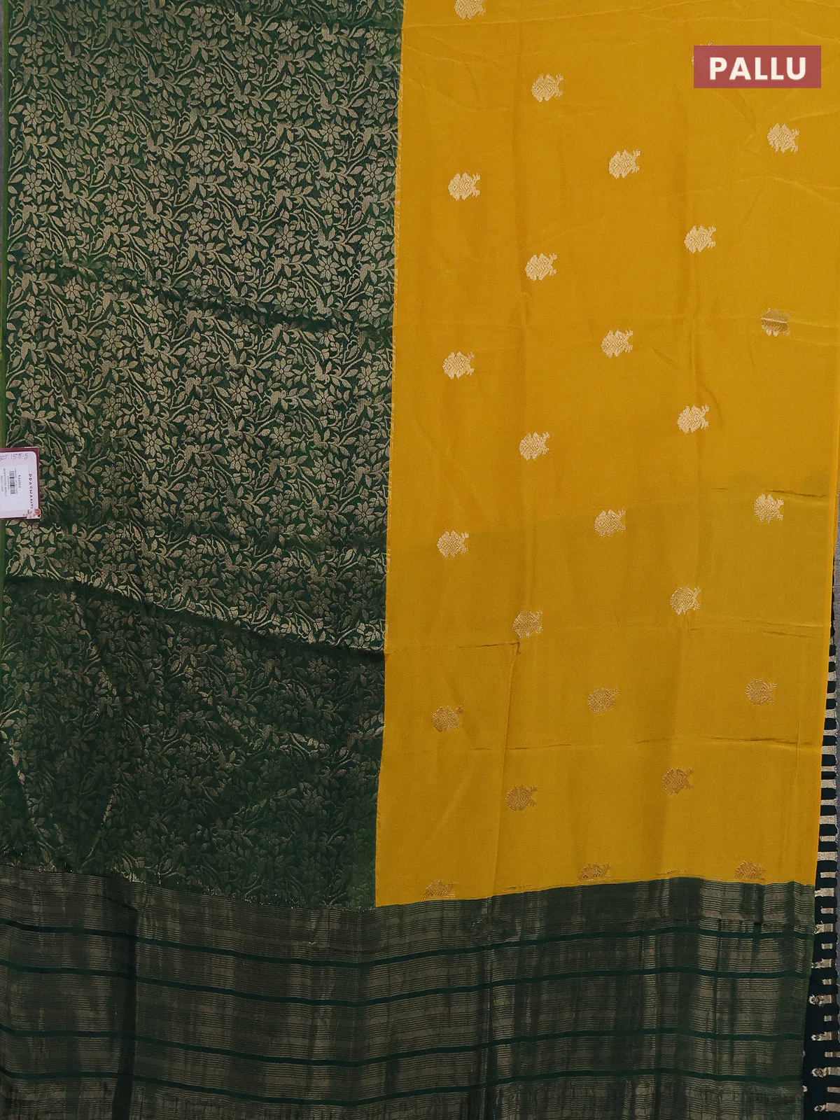 Semi mysore silk saree yellow and green with half & half style and long zari woven border - Image 3