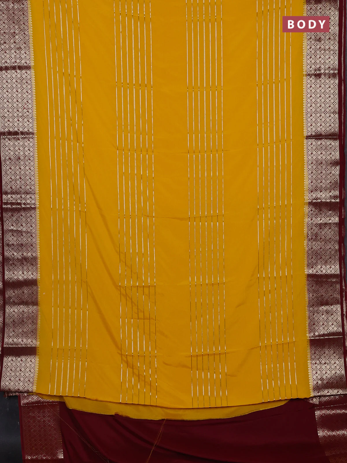 Semi mysore silk saree yellow and maroon with allover zari weaves and zari woven border - Image 2