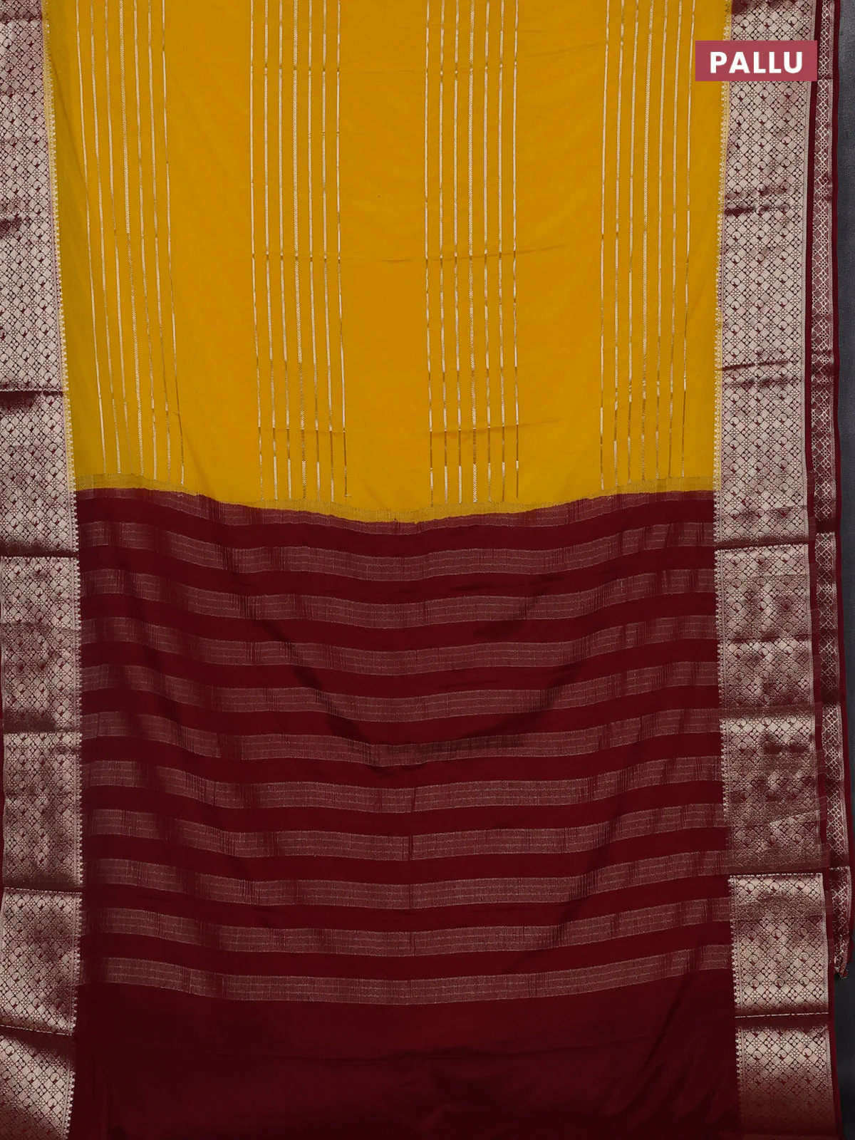 Semi mysore silk saree yellow and maroon with allover zari weaves and zari woven border - Image 3