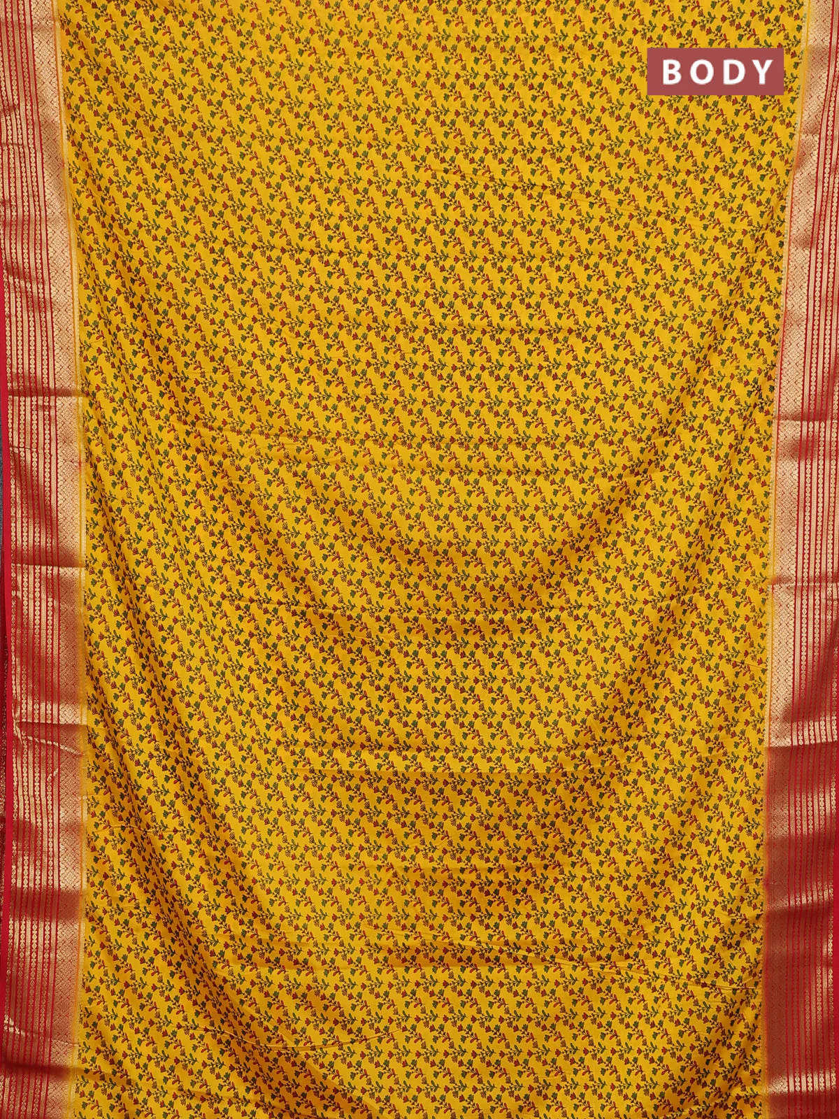 Semi mysore silk saree yellow and red with allover prints and zari woven border - Image 2