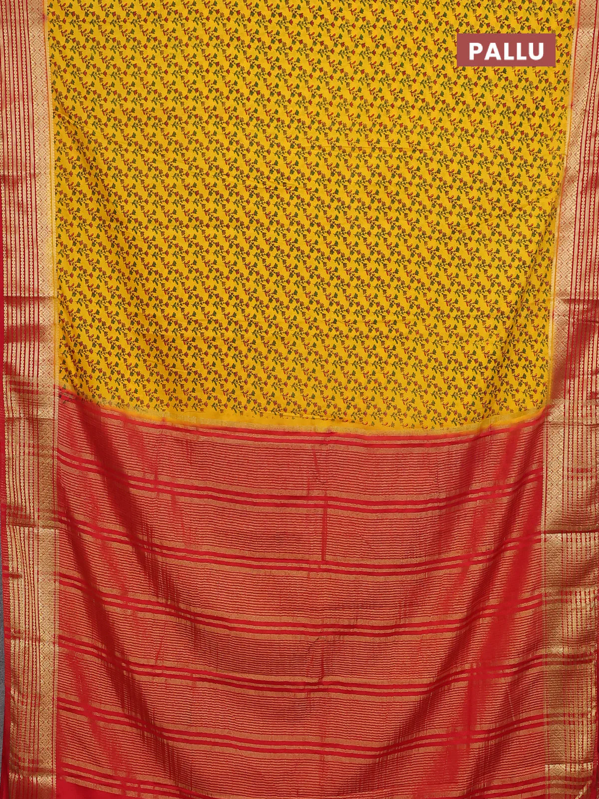 Semi mysore silk saree yellow and red with allover prints and zari woven border - Image 3