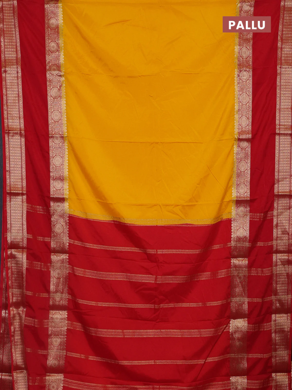 Semi mysore silk saree yellow and red with plain body and rettapet zari woven border - Image 3
