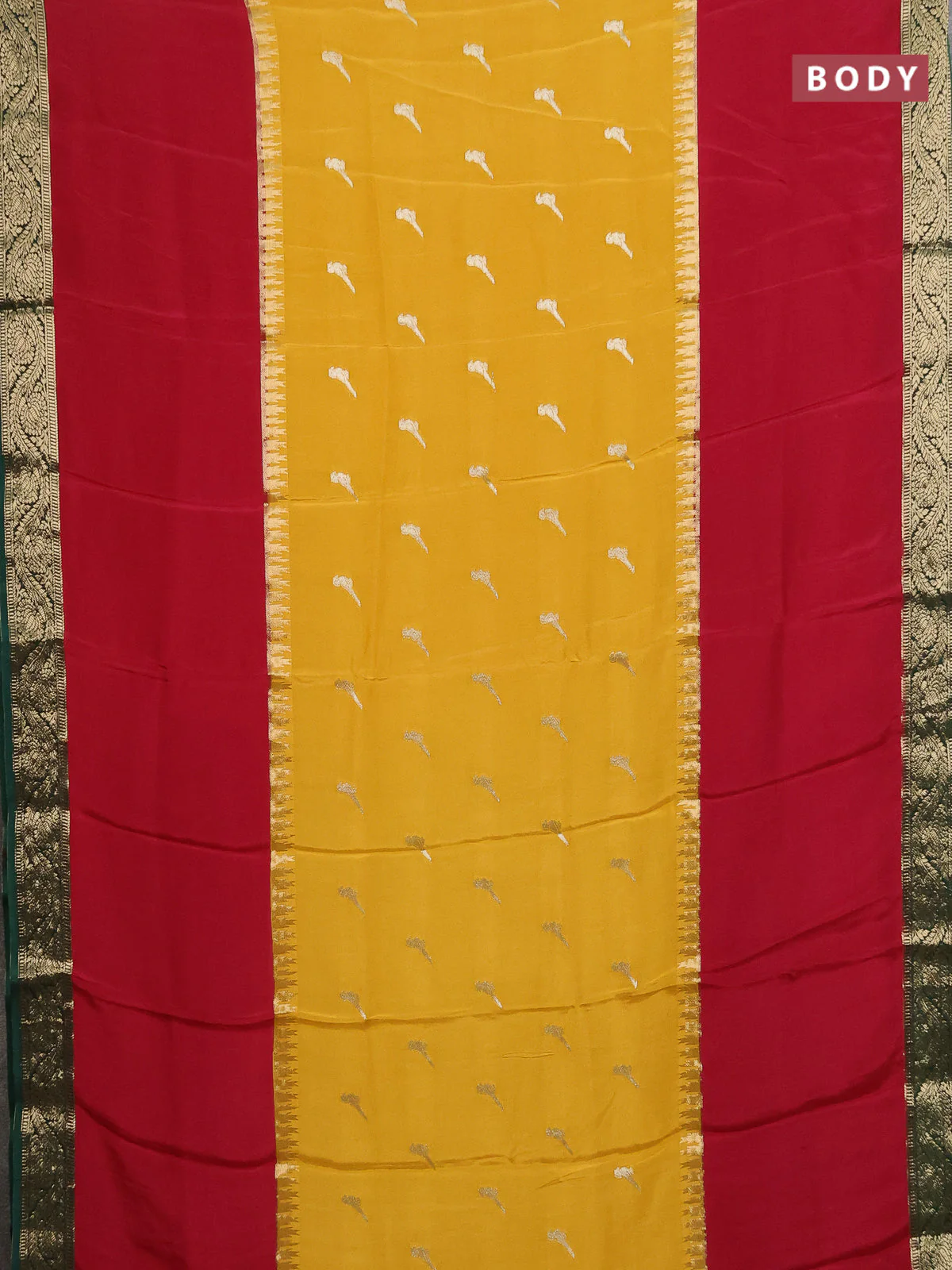 Semi mysore silk saree yellow maroon and green with zari woven buttas and long rettapel temple zari woven border - Image 2