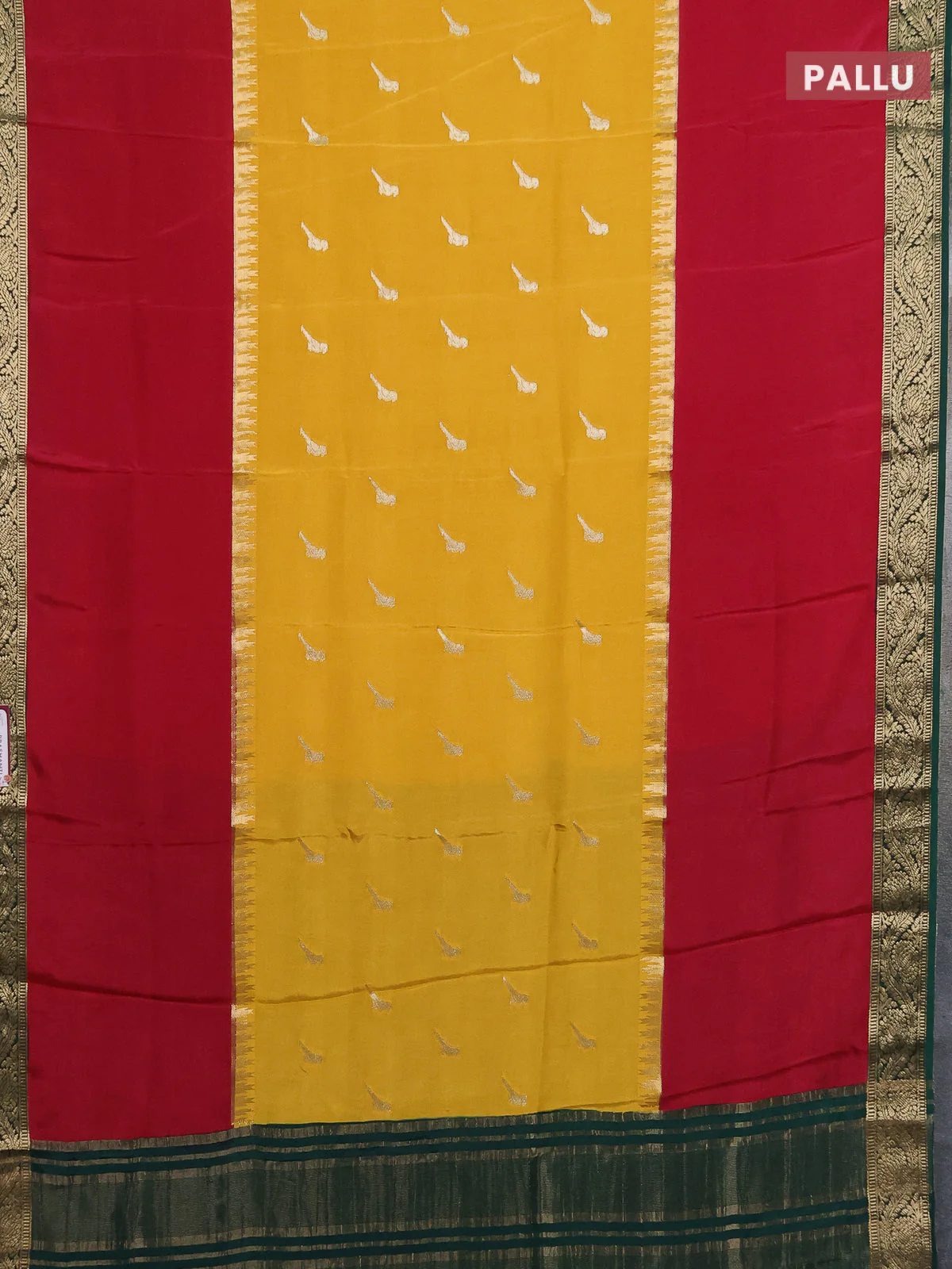 Semi mysore silk saree yellow maroon and green with zari woven buttas and long rettapel temple zari woven border - Image 3