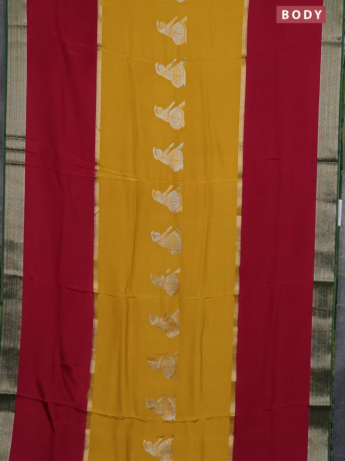 Semi mysore silk saree yellow maroon and green with zari woven buttas and long zari woven border - Image 2
