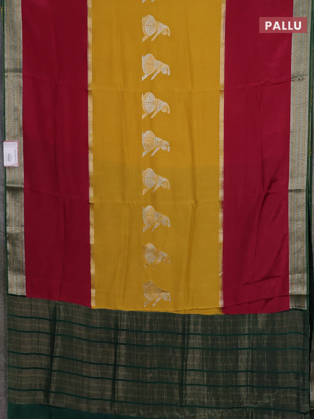 Semi mysore silk saree yellow maroon and green with zari woven buttas and long zari woven border - Image 3