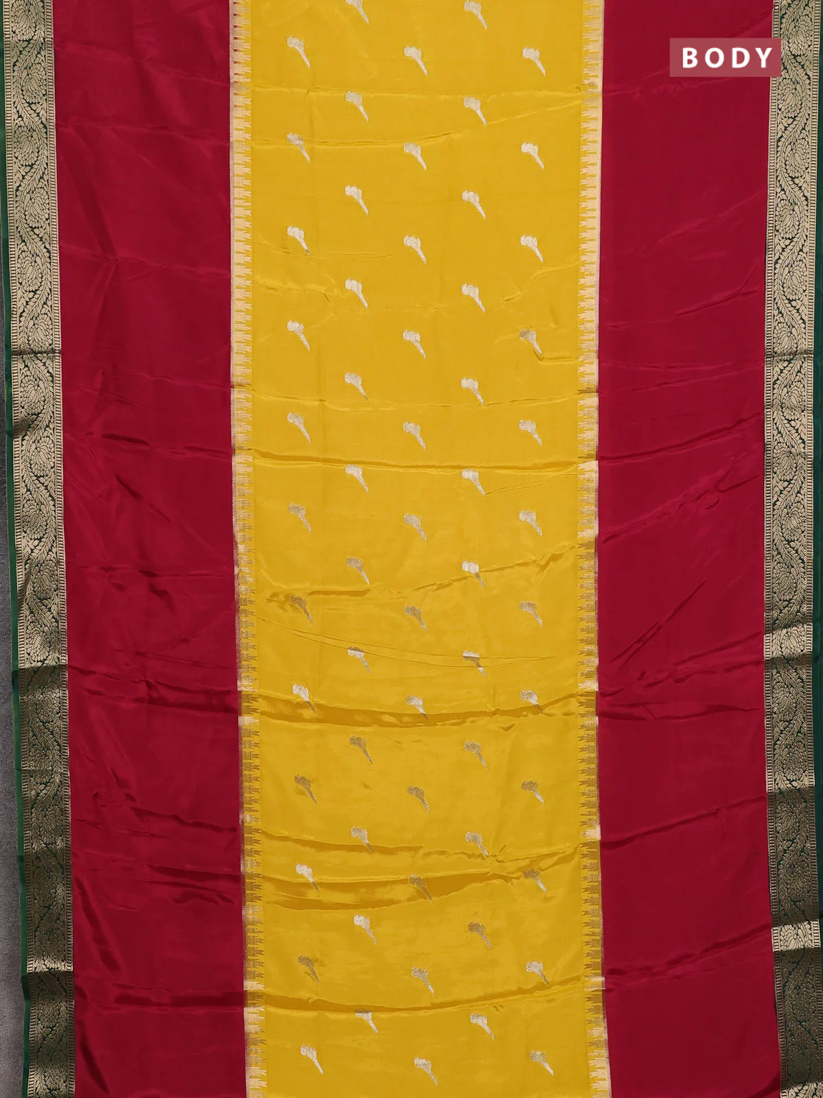 Semi mysore silk saree yellow maroon and green with zari woven buttas and rettapet temple zari woven border - Image 2