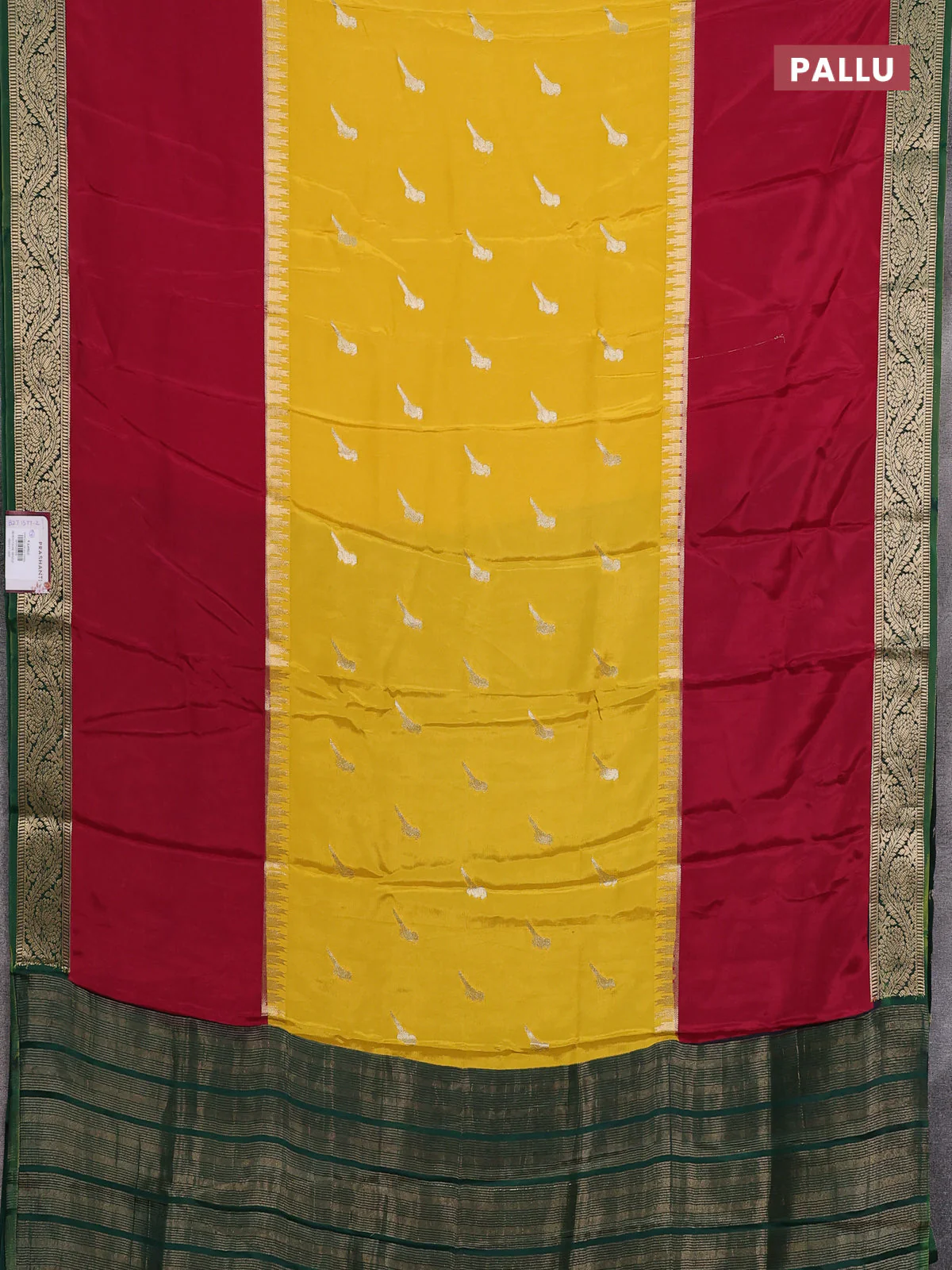 Semi mysore silk saree yellow maroon and green with zari woven buttas and rettapet temple zari woven border - Image 3