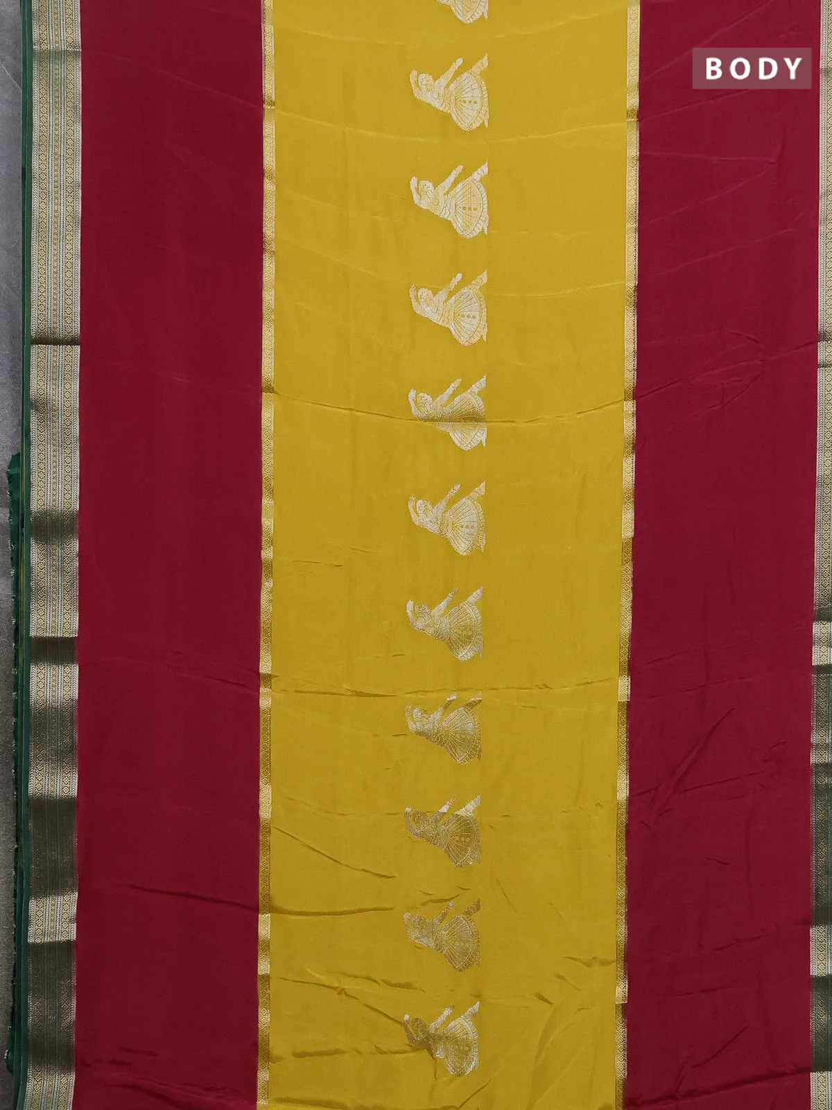 Semi mysore silk saree yellow maroon and green with zari woven buttas and rettapet zari woven border - Image 2