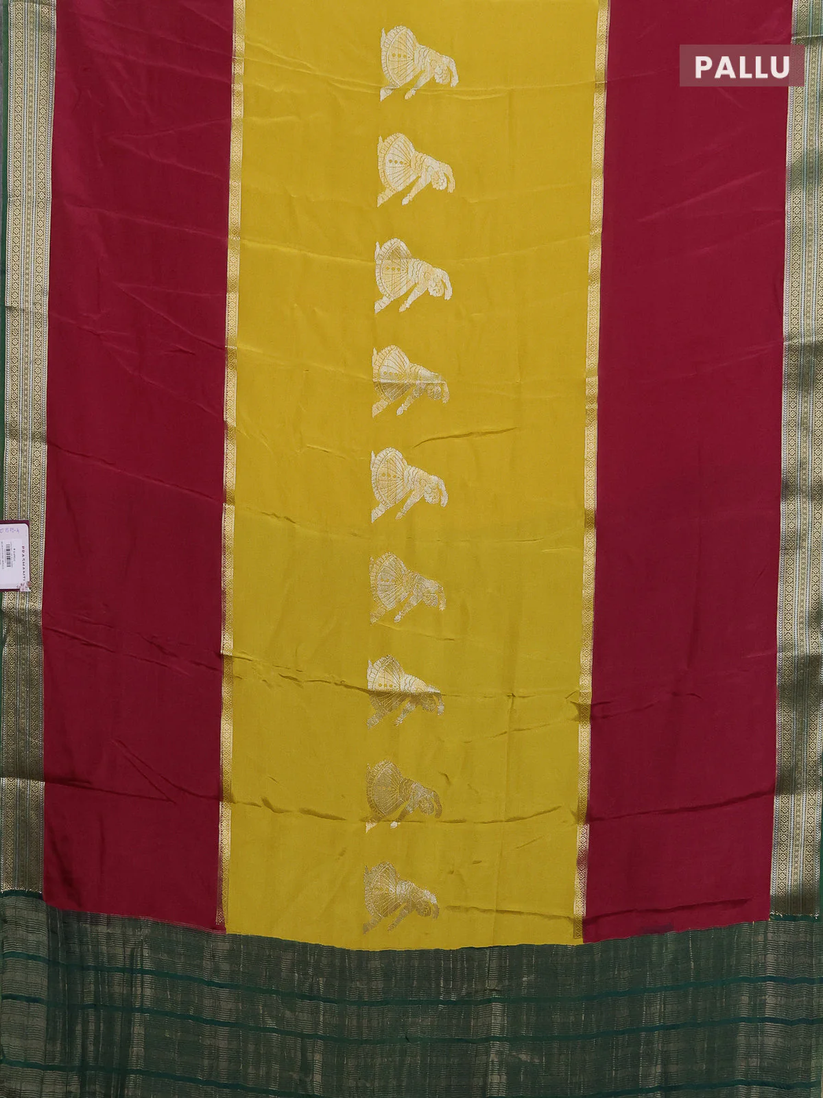 Semi mysore silk saree yellow maroon and green with zari woven buttas and rettapet zari woven border - Image 3