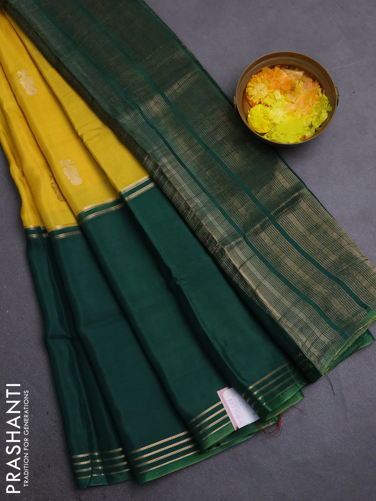 Semi mysore silk saree yellow maroon and green with zari woven buttas and rettapet zari woven border