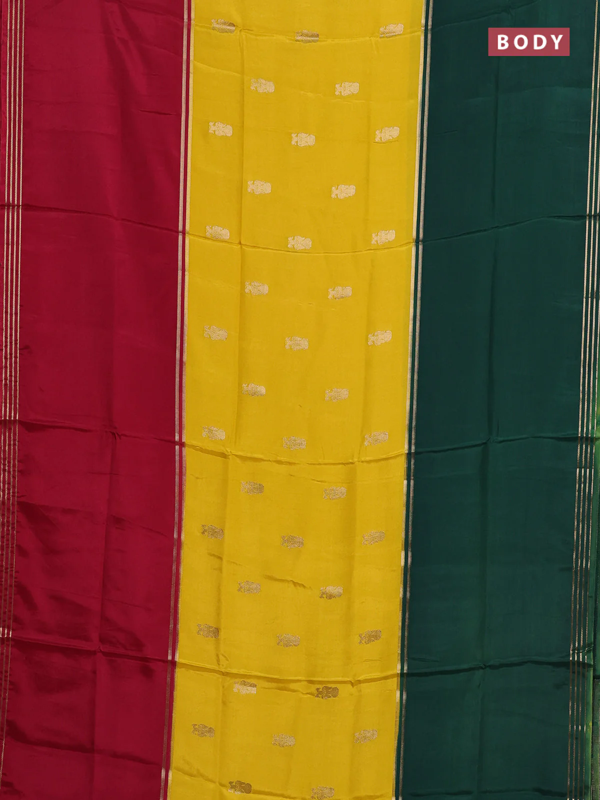 Semi mysore silk saree yellow maroon and green with zari woven buttas and rettapet zari woven border - Image 2