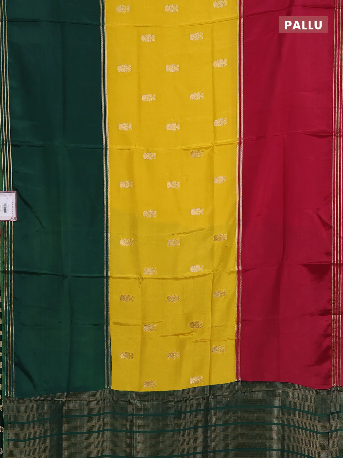 Semi mysore silk saree yellow maroon and green with zari woven buttas and rettapet zari woven border - Image 3