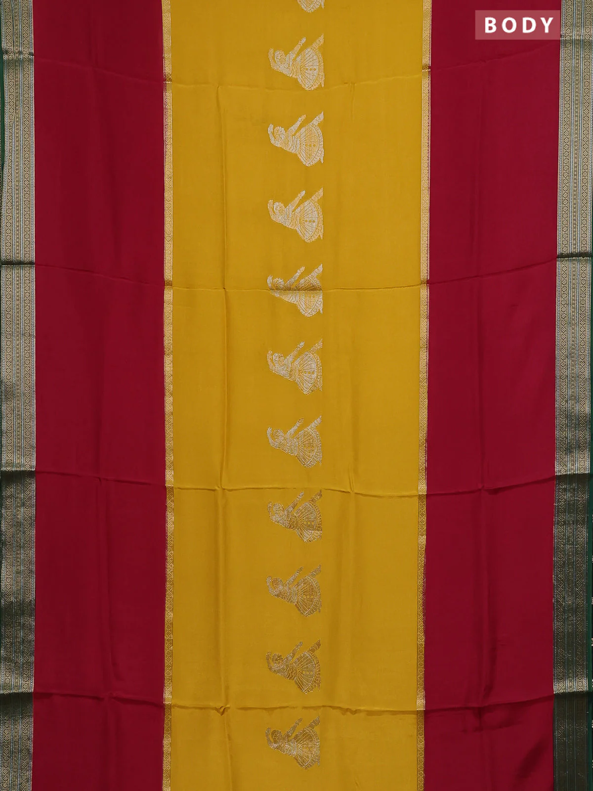 Semi mysore silk saree yellow maroon and green with zari woven buttas and zari woven border - Image 2