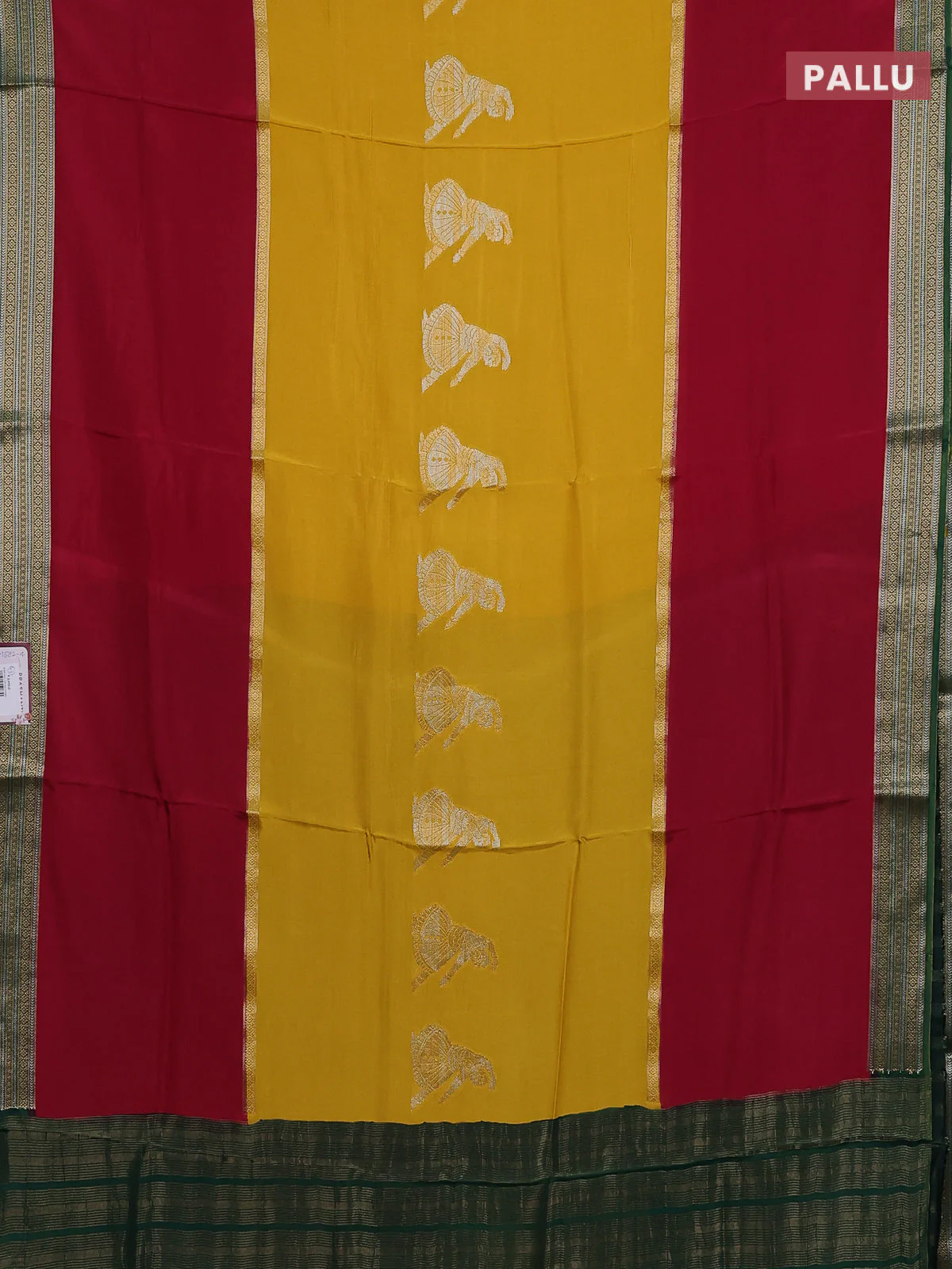 Semi mysore silk saree yellow maroon and green with zari woven buttas and zari woven border - Image 3