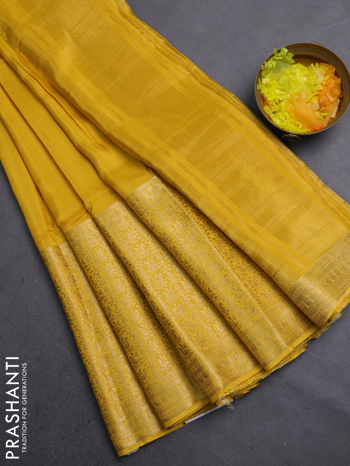 Semi mysore silk saree yellow with plain body and long annam zari woven border