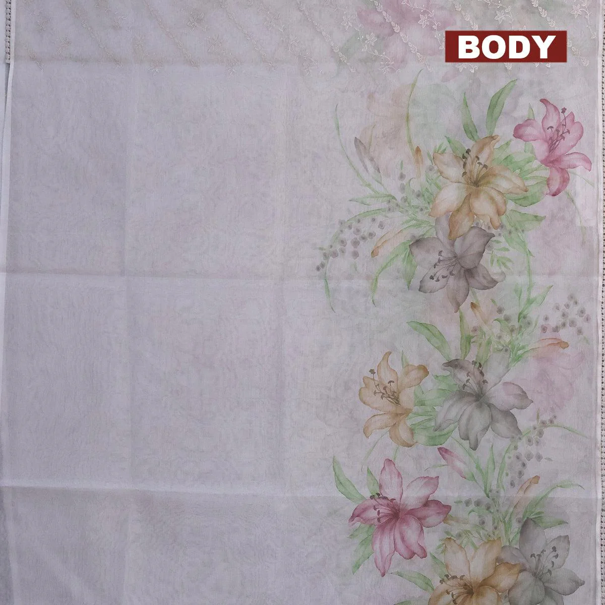 Semi orangza saree grey  and  with allover embroidery work & floral prints and crocia lace border - Image 2