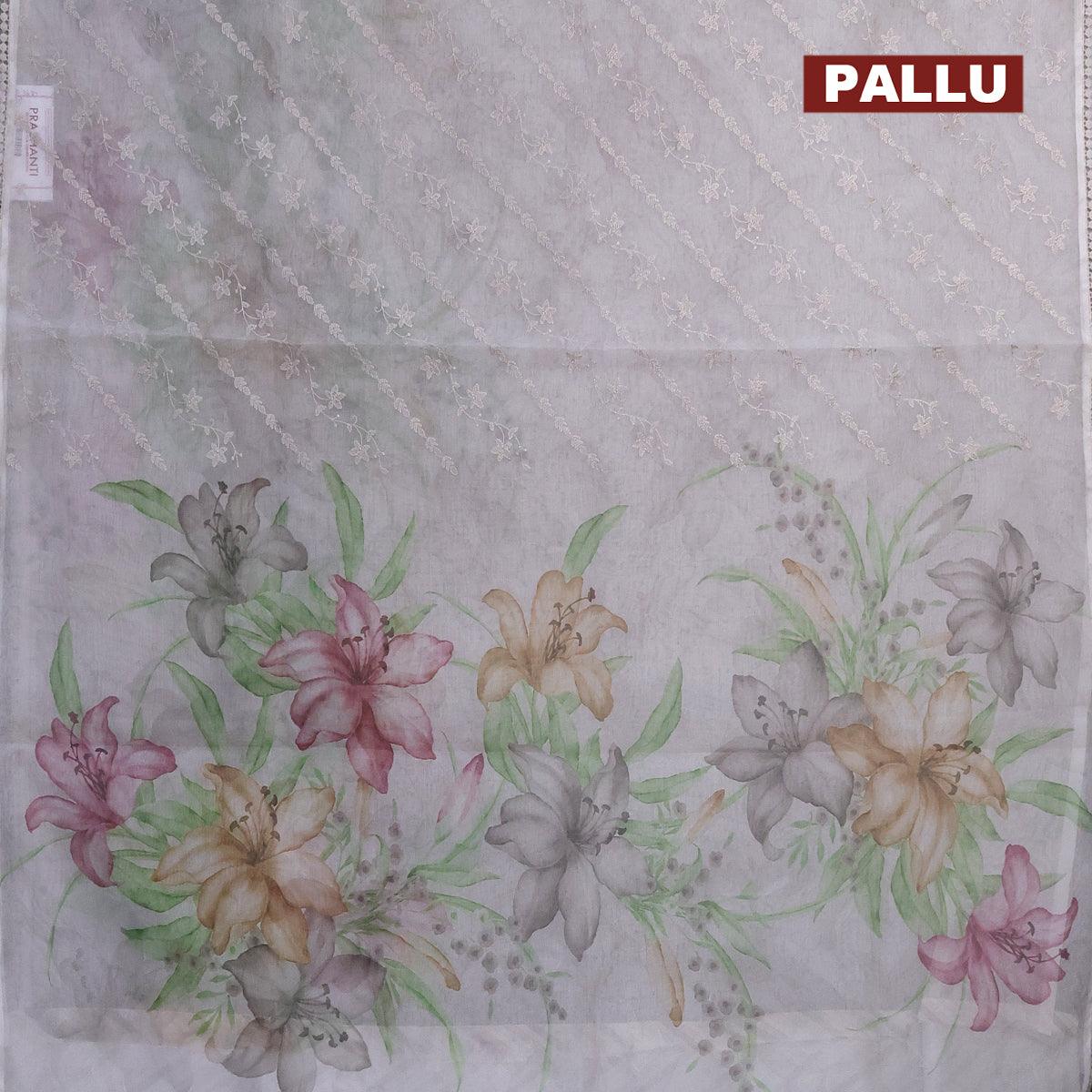 Semi orangza saree grey  and  with allover embroidery work & floral prints and crocia lace border - Image 3
