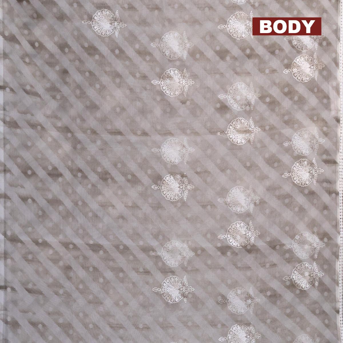 Semi orangza saree off white and grey with allover ikat prints & embroidery buttas and crocia lace border - Image 2