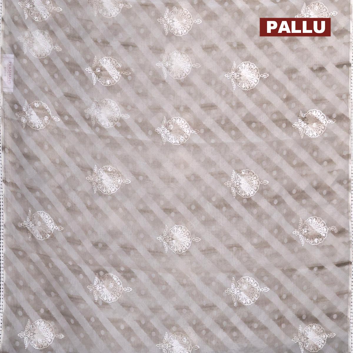 Semi orangza saree off white and grey with allover ikat prints & embroidery buttas and crocia lace border - Image 3