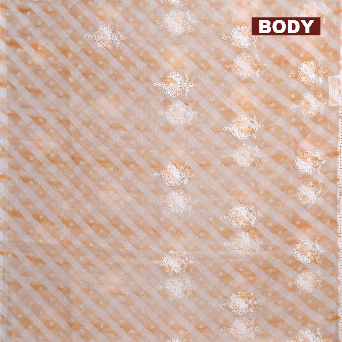 Semi orangza saree off white and rust shade with allover ikat prints & embroidery buttas and crocia lace border - Image 2