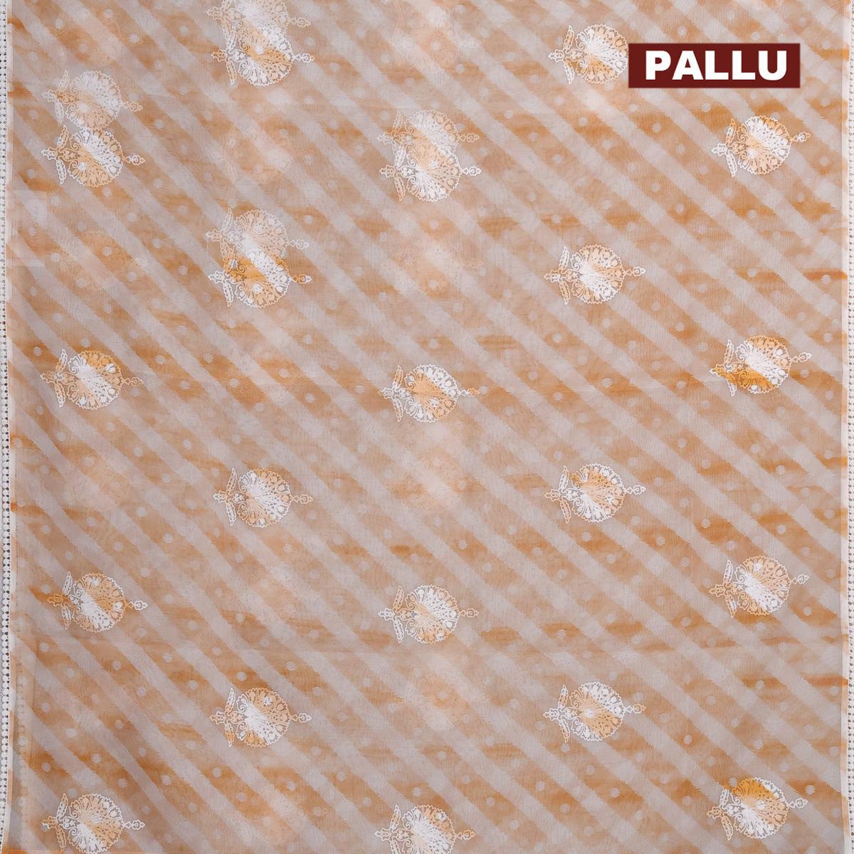 Semi orangza saree off white and rust shade with allover ikat prints & embroidery buttas and crocia lace border - Image 3