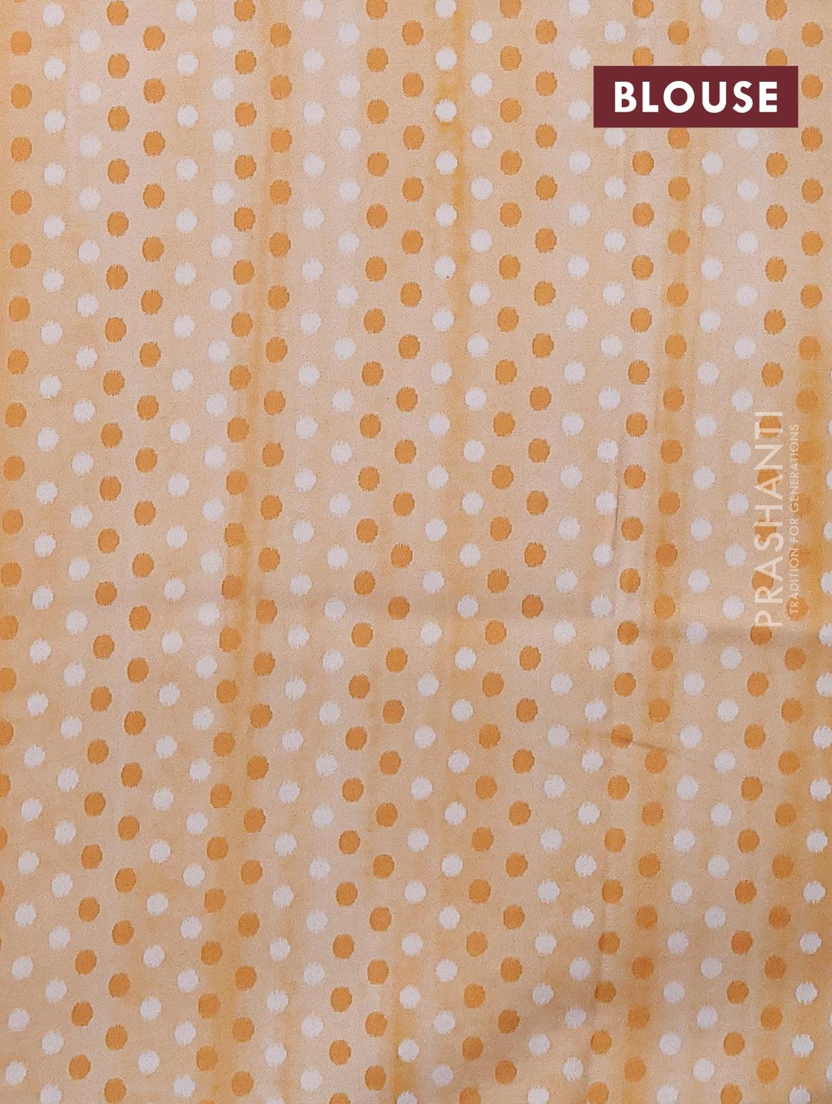 Semi orangza saree off white and rust shade with allover ikat prints & embroidery buttas and crocia lace border - Image 4