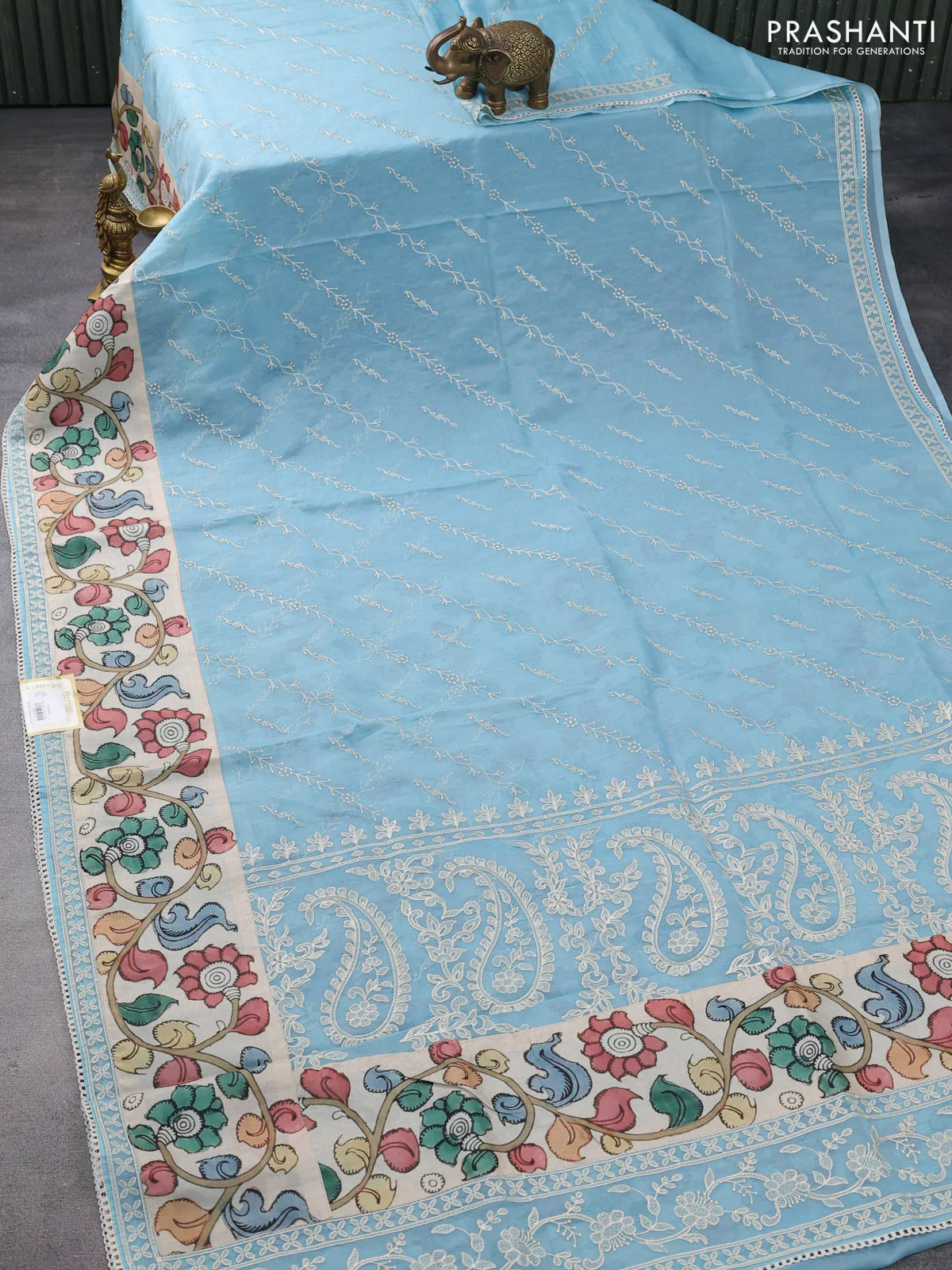 Semi organza saree pastel blue and beige with allover embroidery work and applique pallu & blouse - Image 2