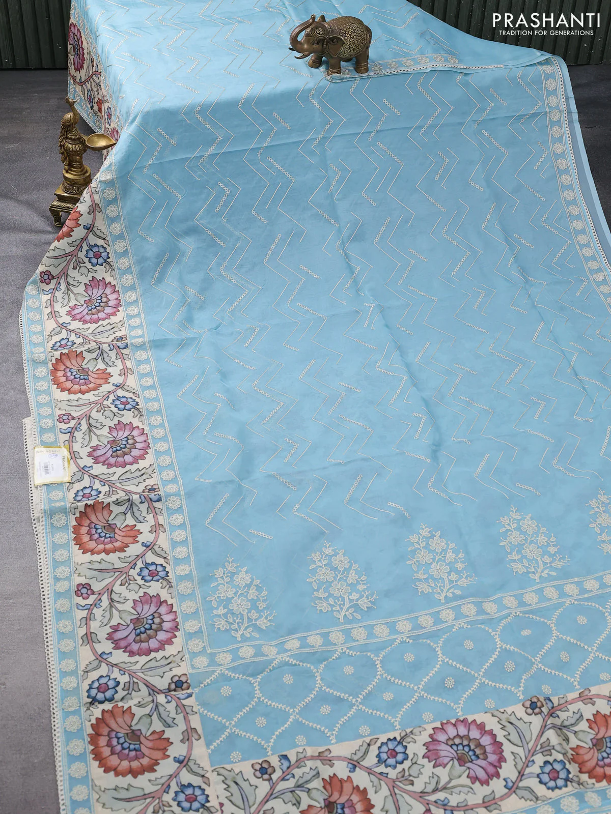 Semi organza saree pastel blue and beige with allover embroidery work and applique pallu & blouse - Image 2