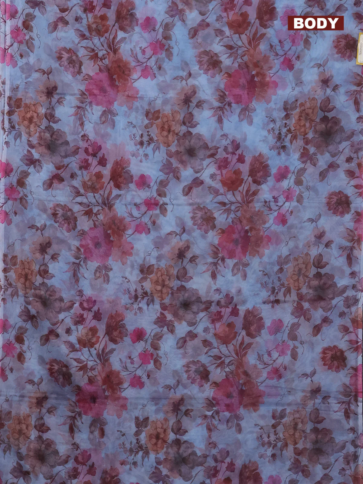 Semi organza saree pastel blue with allover floral prints in borderless style - Image 2