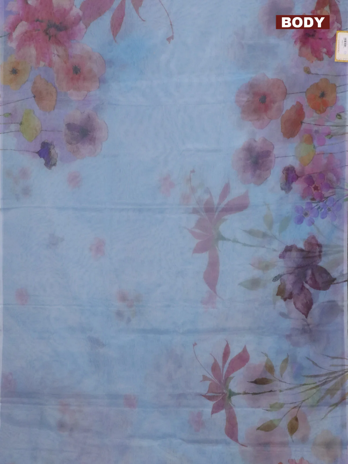 Semi organza saree pastel blue with floral prints in borderless style - Image 2