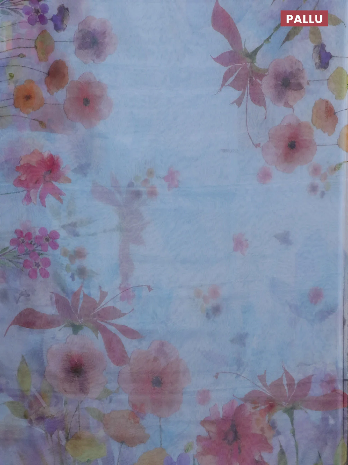 Semi organza saree pastel blue with floral prints in borderless style - Image 3