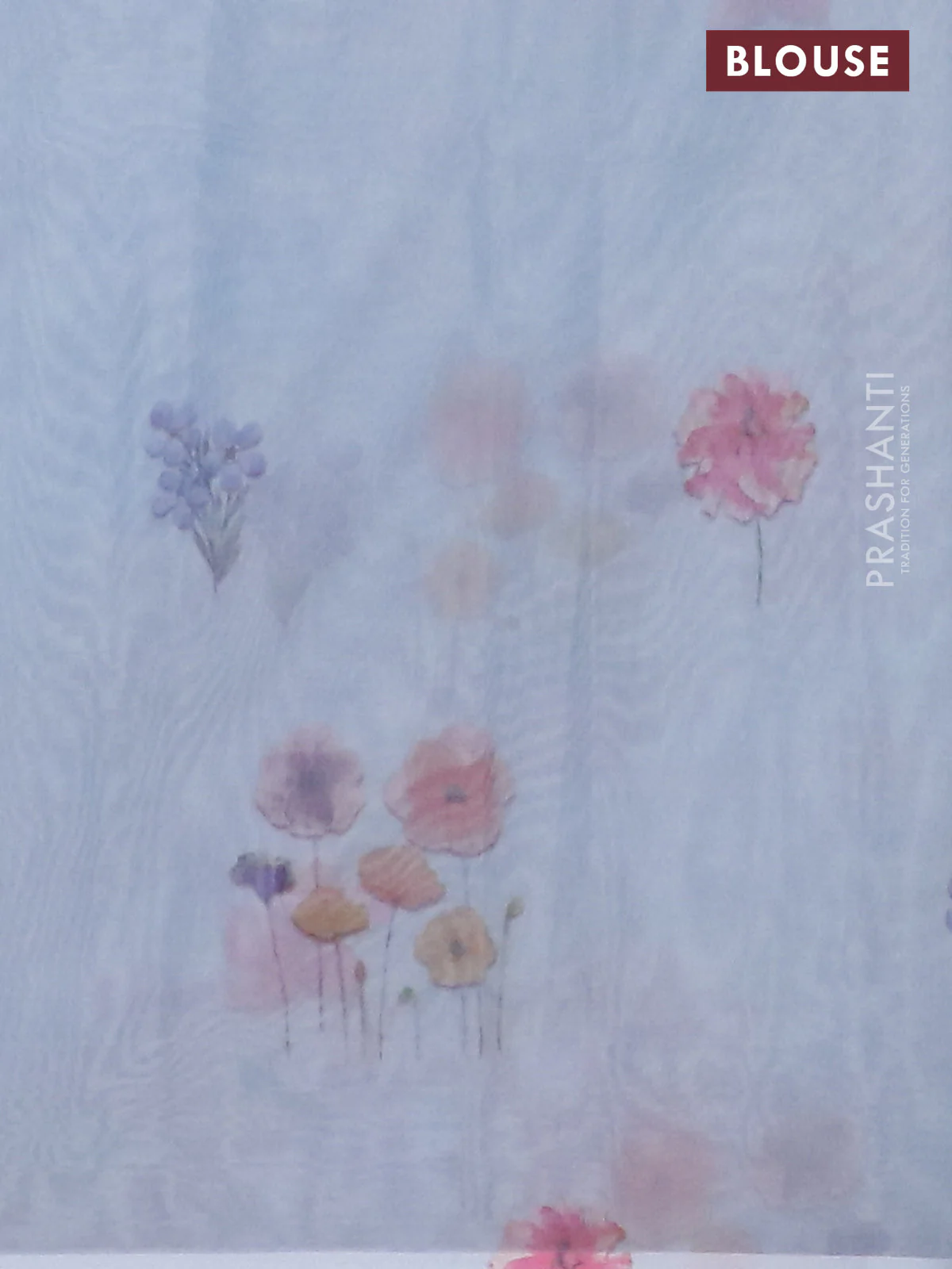 Semi organza saree pastel blue with floral prints in borderless style - Image 4