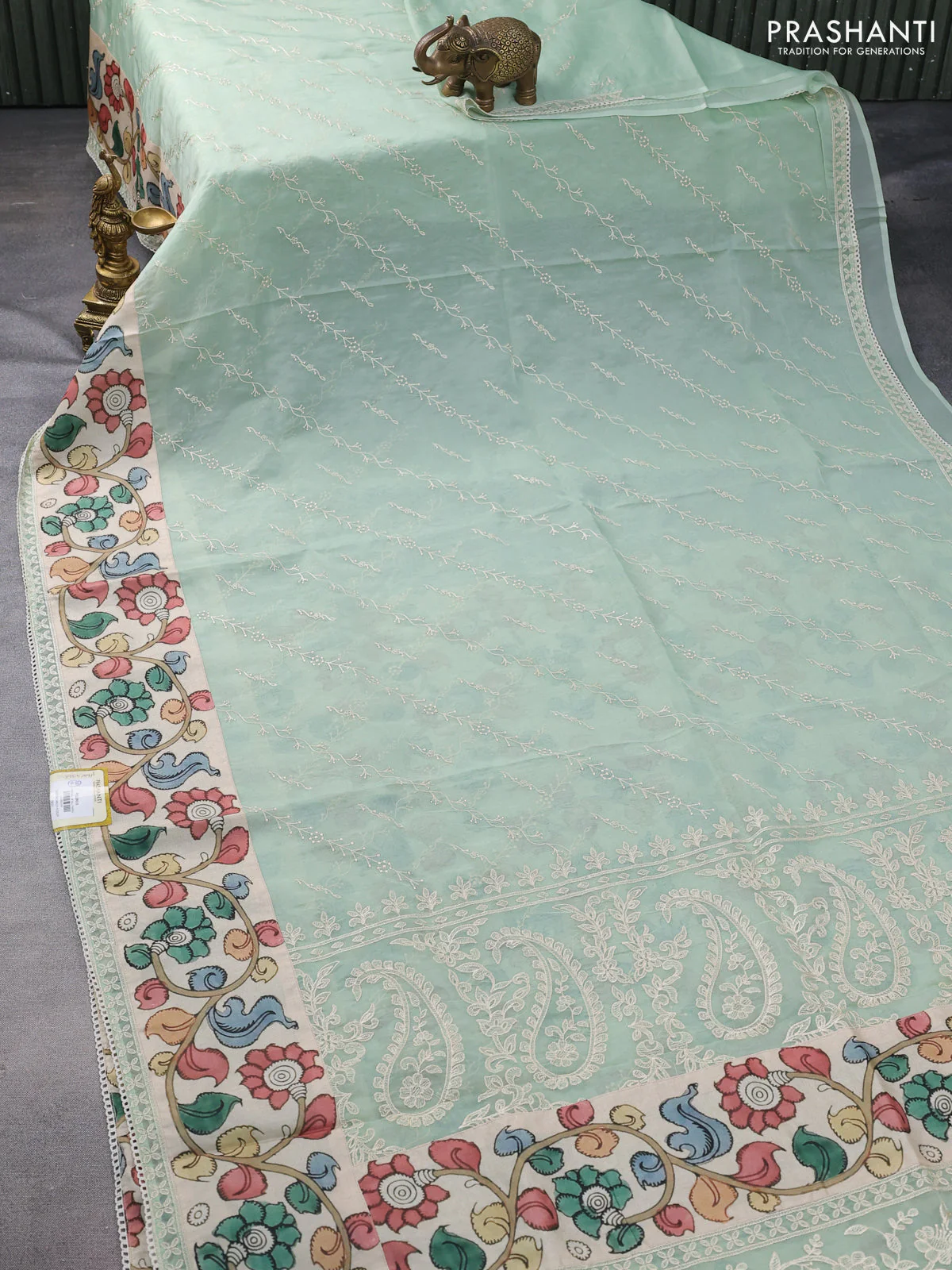 Semi organza saree pastel green and beige with allover embroidery work and applique pallu & blouse - Image 2