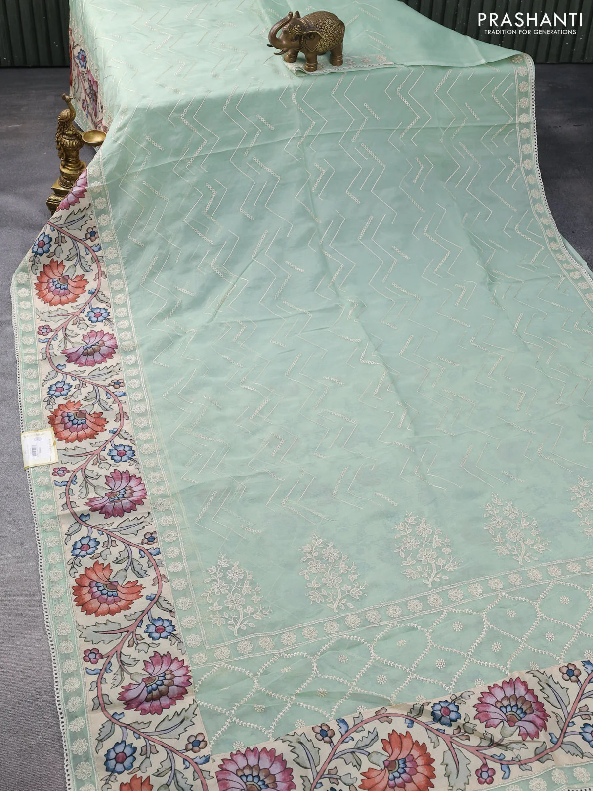 Semi organza saree pastel green and beige with allover embroidery work and applique pallu & blouse - Image 2