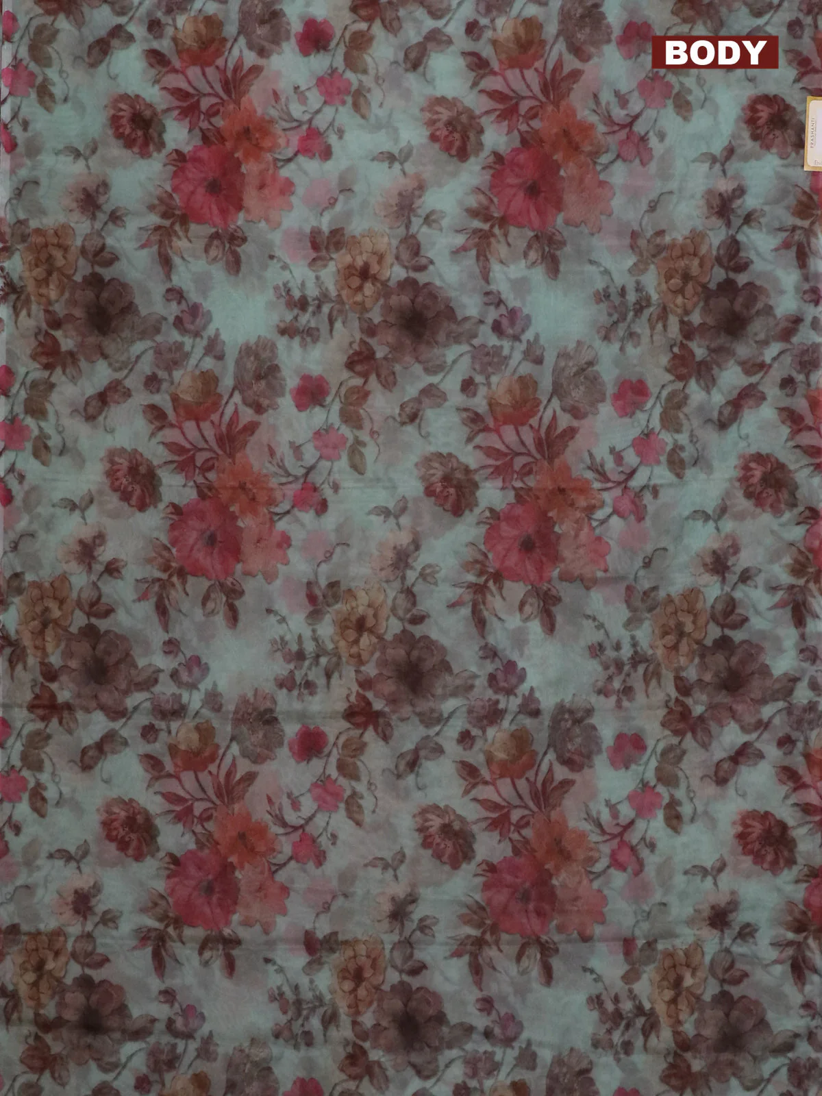 Semi organza saree pastel green with allover floral prints in borderless style - Image 2