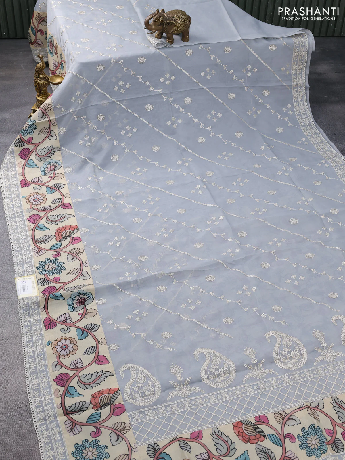 Semi organza saree pastel grey and beige with allover embroidery work and applique pallu & blouse - Image 2