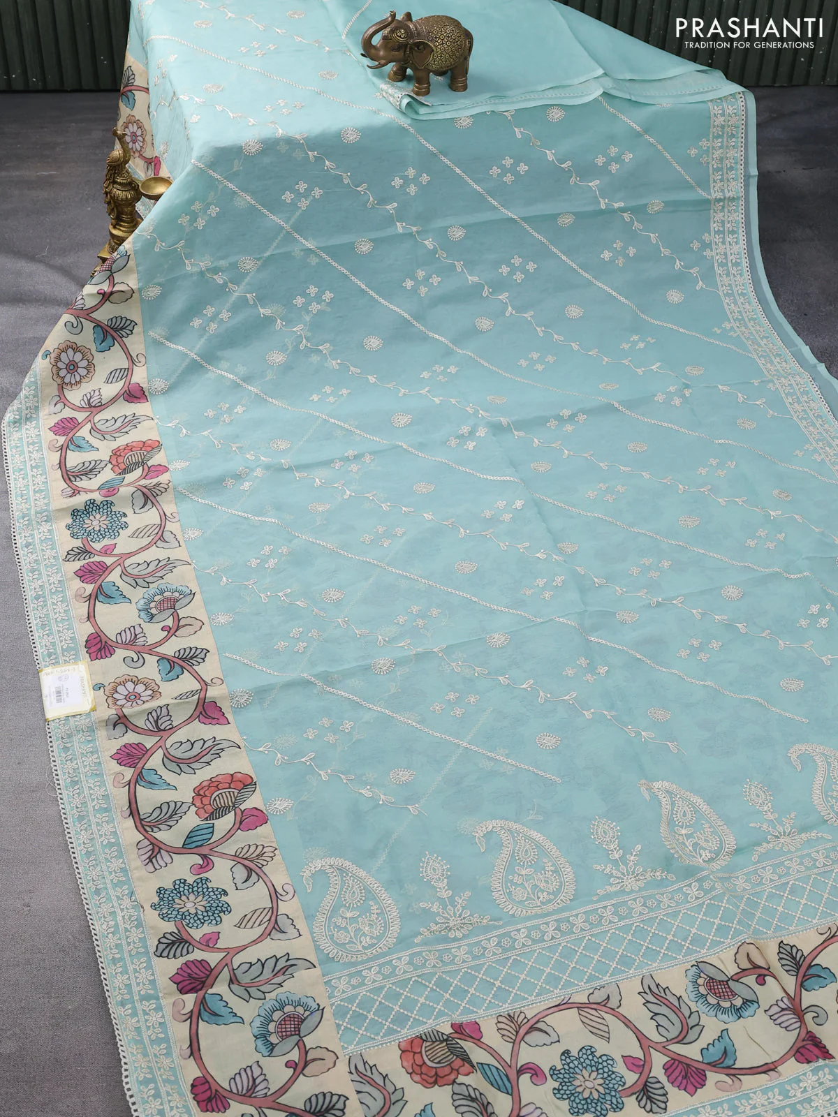 Semi organza saree pastel shade and beige with allover embroidery work and applique pallu & blouse - Image 2
