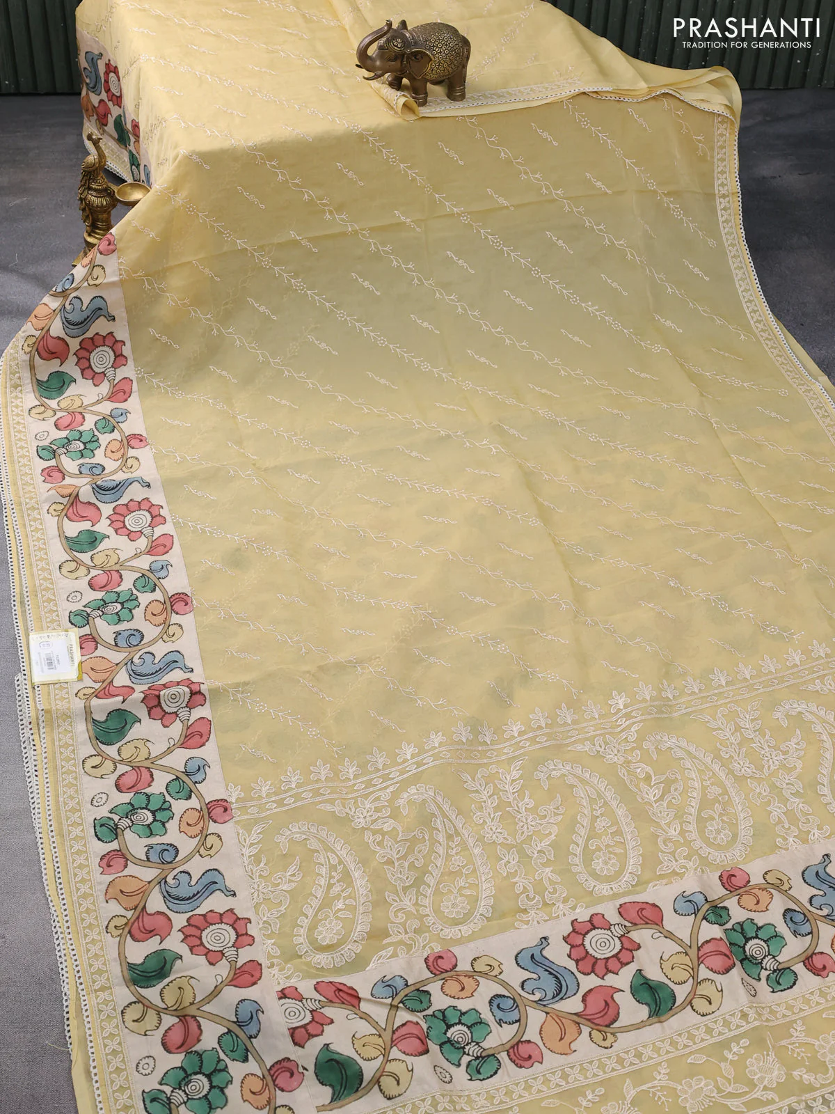 Semi organza saree sandal and beige with allover embroidery work and applique pallu & blouse - Image 2