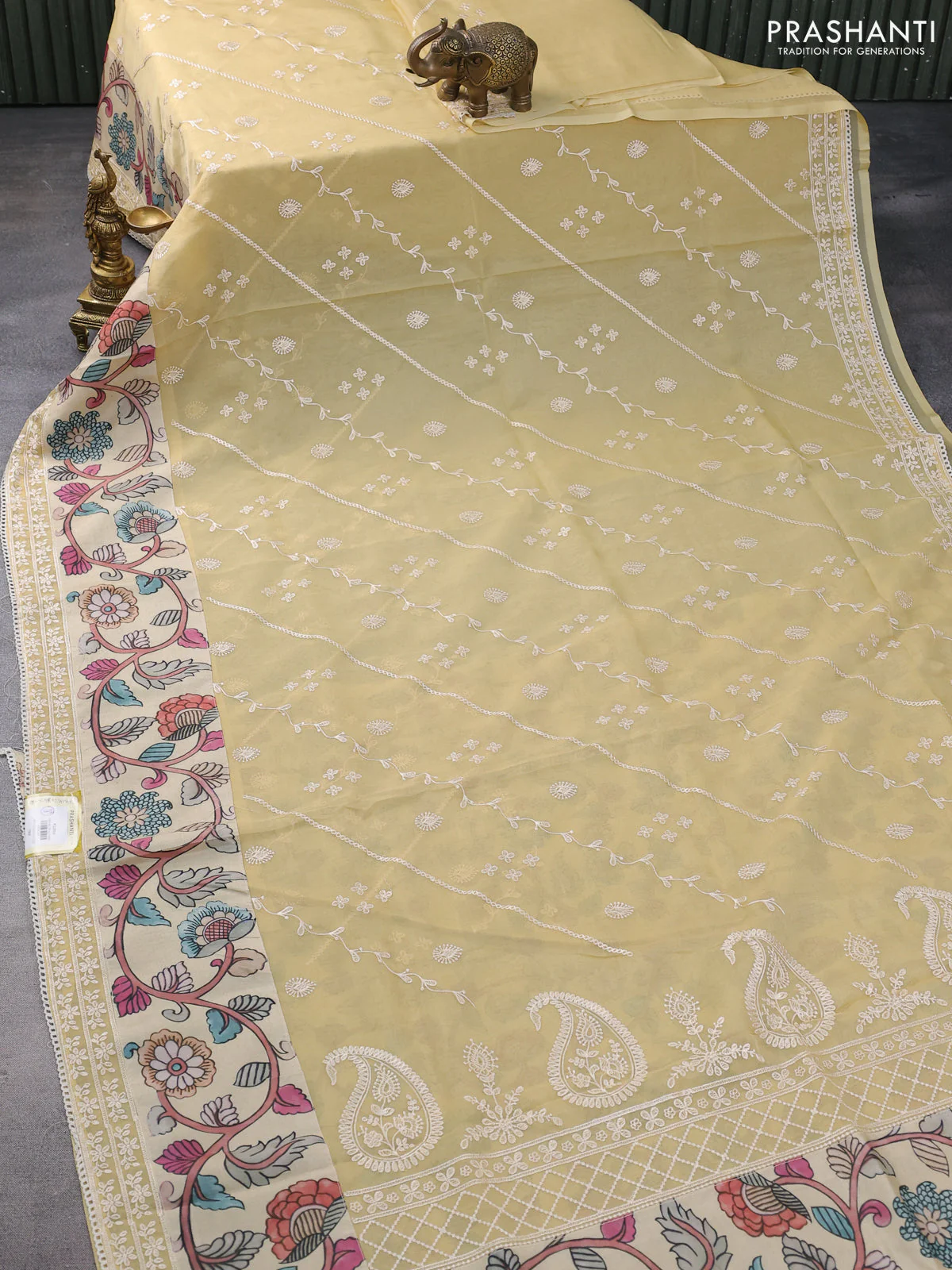 Semi organza saree sandal and beige with allover embroidery work and applique pallu & blouse - Image 2