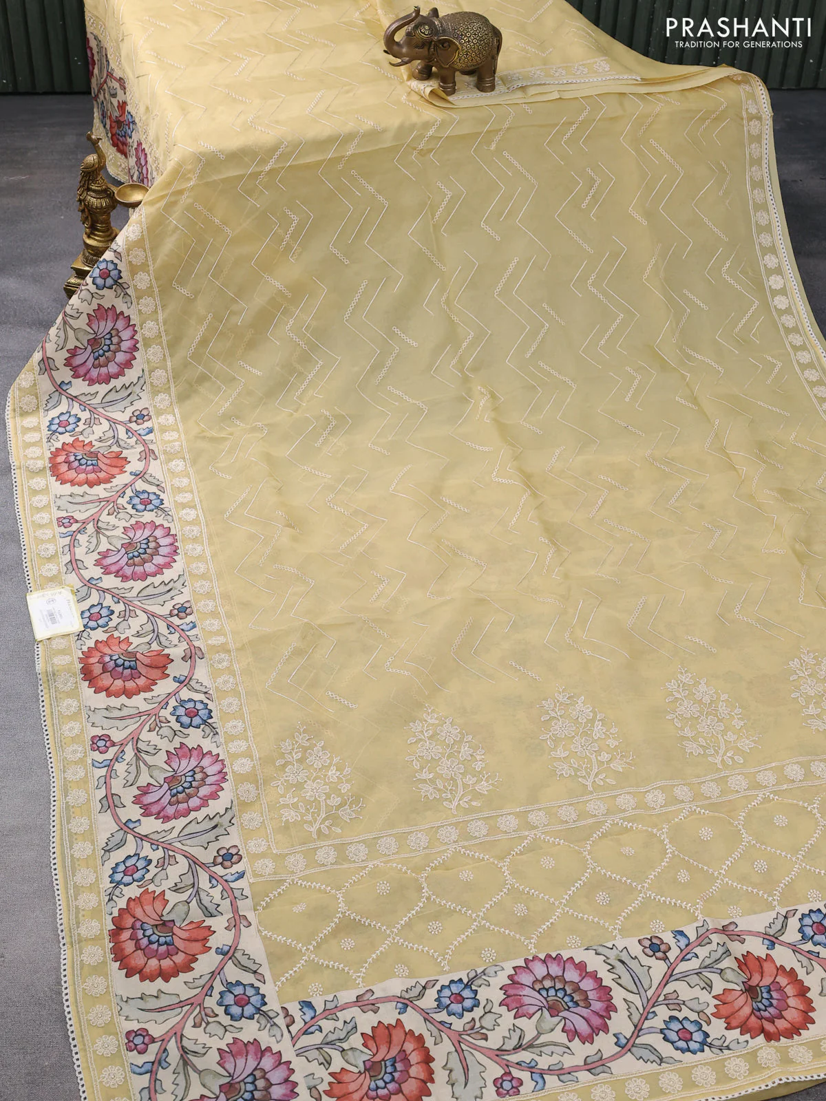 Semi organza saree sandal and beige with allover embroidery work and applique pallu & blouse - Image 2