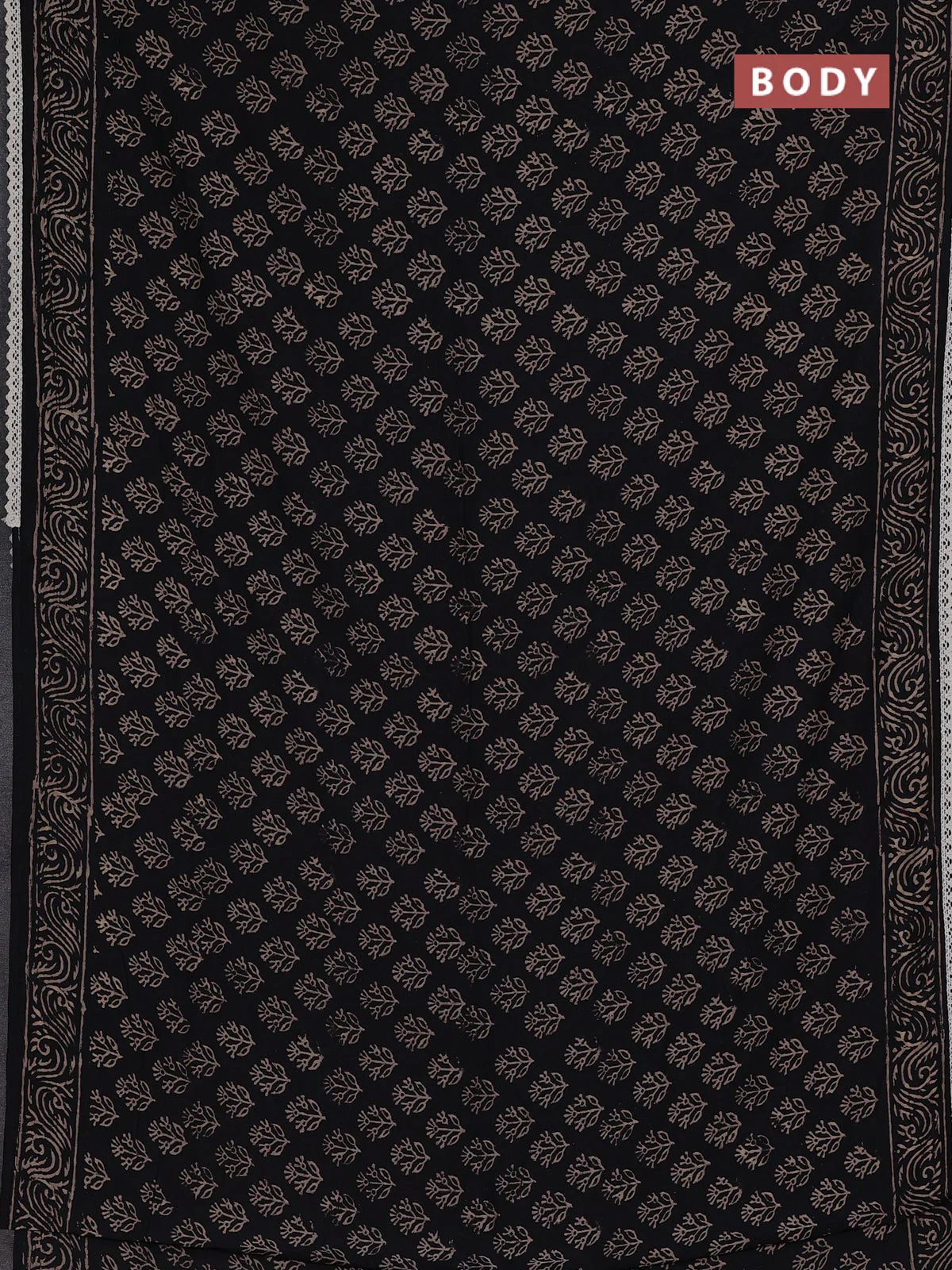 Semi pashmina silk saree black and cream with allover butta prints and crocia lace work border - Image 2