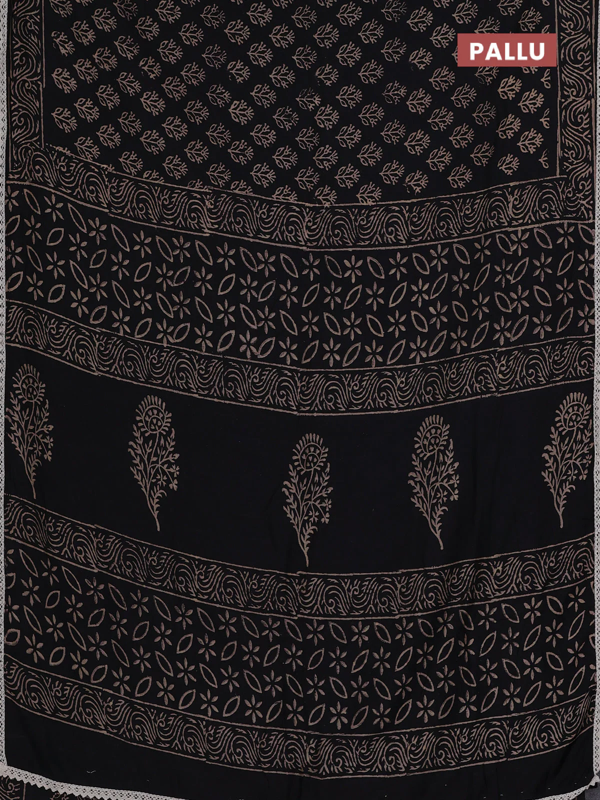 Semi pashmina silk saree black and cream with allover butta prints and crocia lace work border - Image 3