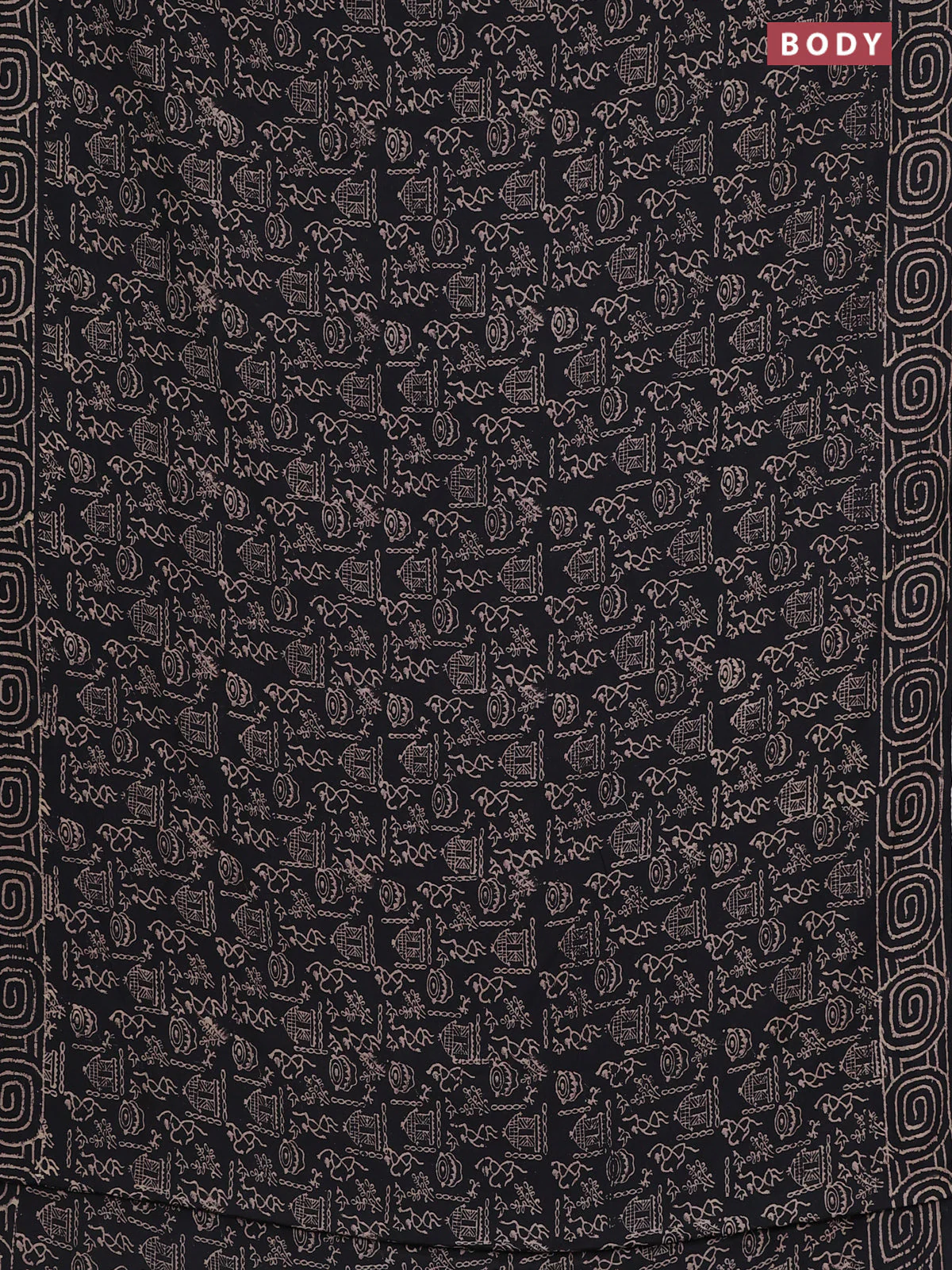 Semi pashmina silk saree black and cream with allover warli prints and crocia lace work border - Image 2