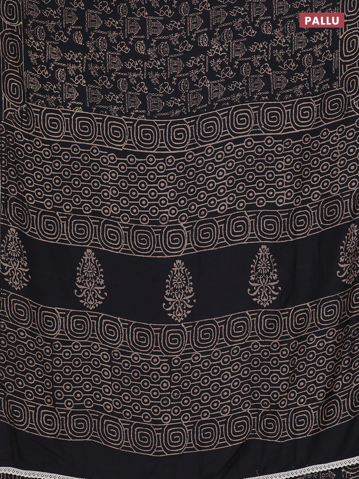 Semi pashmina silk saree black and cream with allover warli prints and crocia lace work border - Image 3