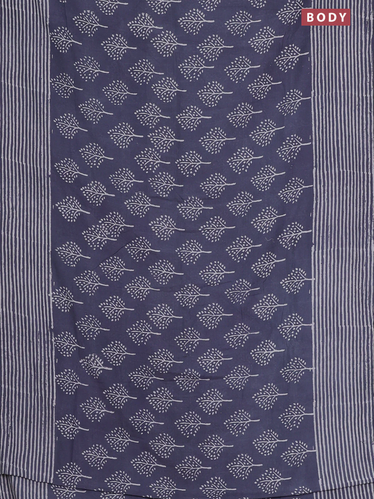 Semi pashmina silk saree blue shade and cream with allover tree butta prints and crocia lace work border - Image 2